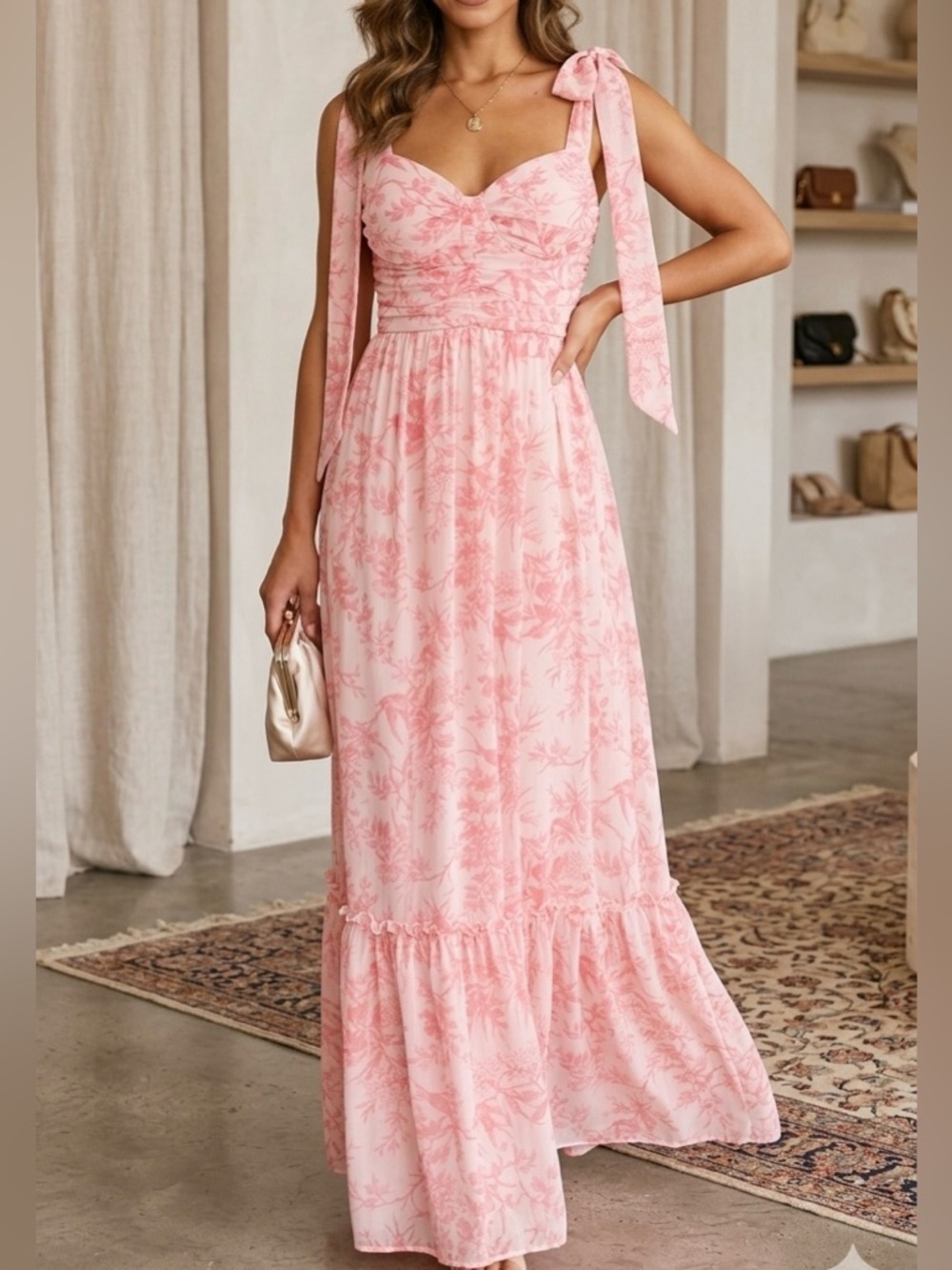 Pink Floral Tie-Shoulder Maxi Dress
